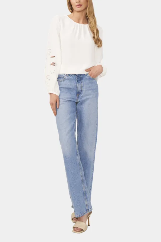 Shirred Crew Neck Embroidered Balloon Sleeve Blouse sold by Lord & Taylor