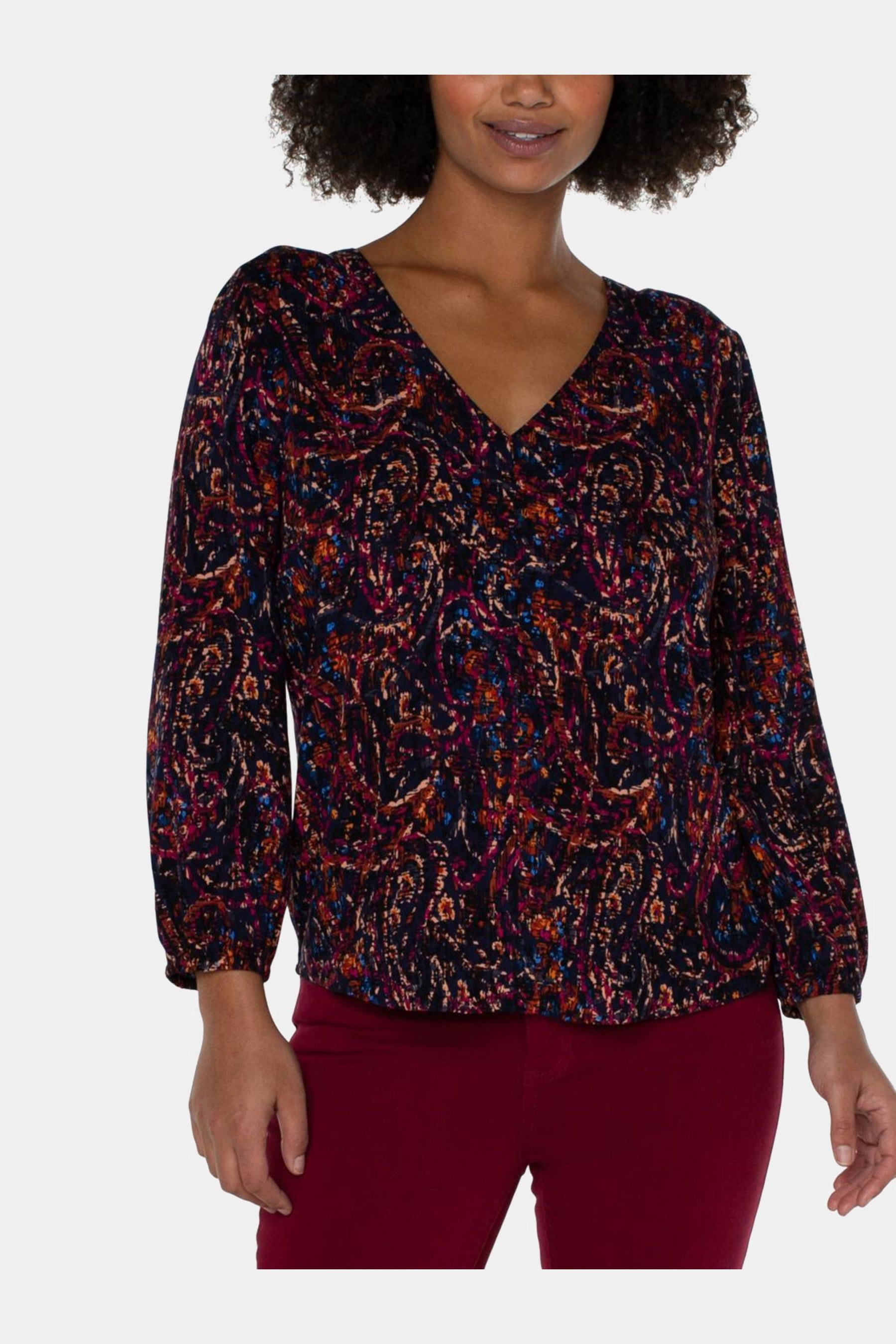 Crepe V-Neck Paisley Top sold by Lord & Taylor