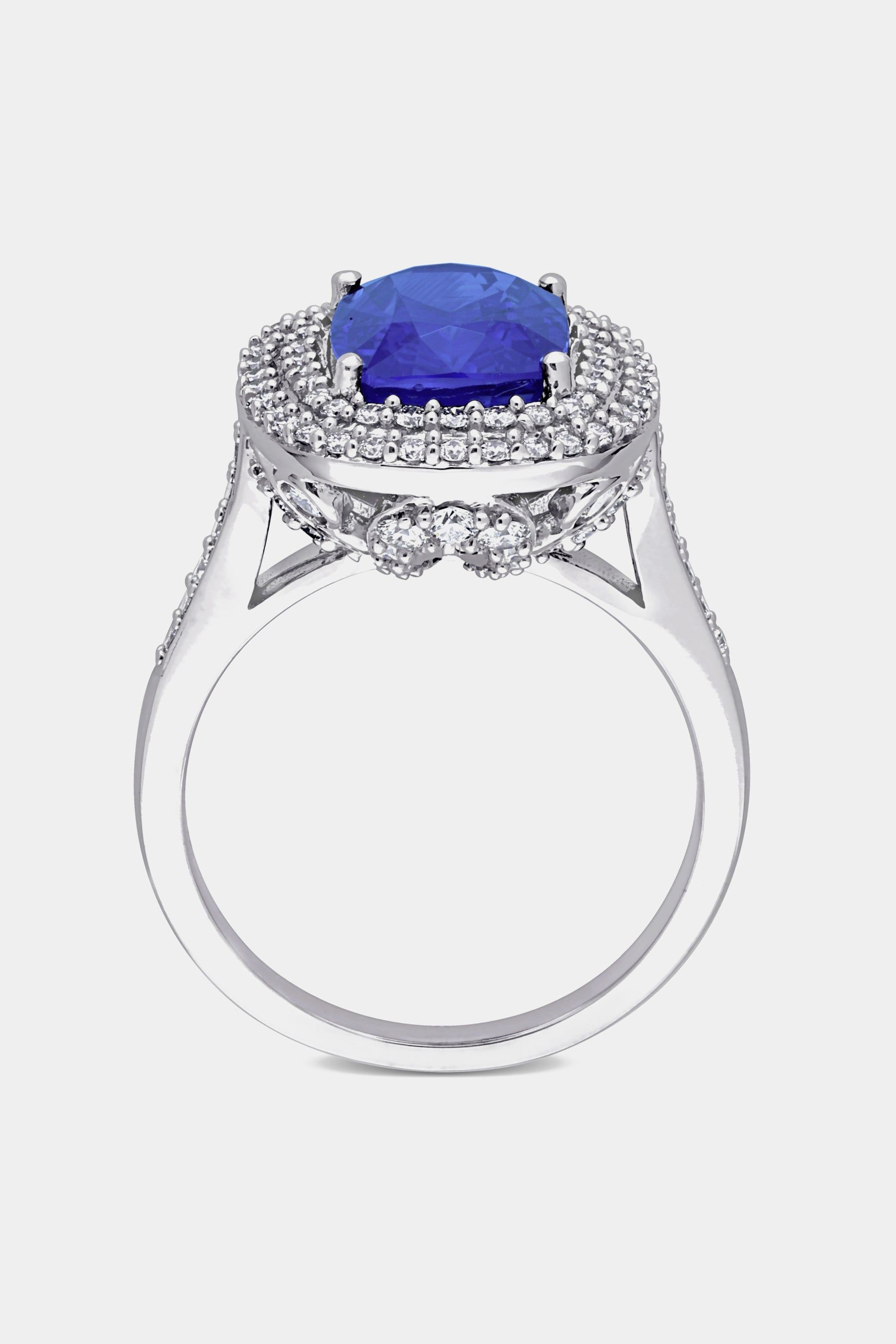 Cushion Sapphire and Diamond Halo Cocktail Ring in 14k White Gold sold by Lord & Taylor product image thumbnail 4