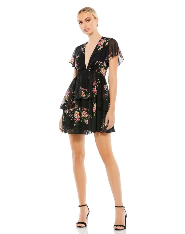 Tiered Ruffle Floral Print V Neck Butterfly Sleeve sold by Lord & Taylor