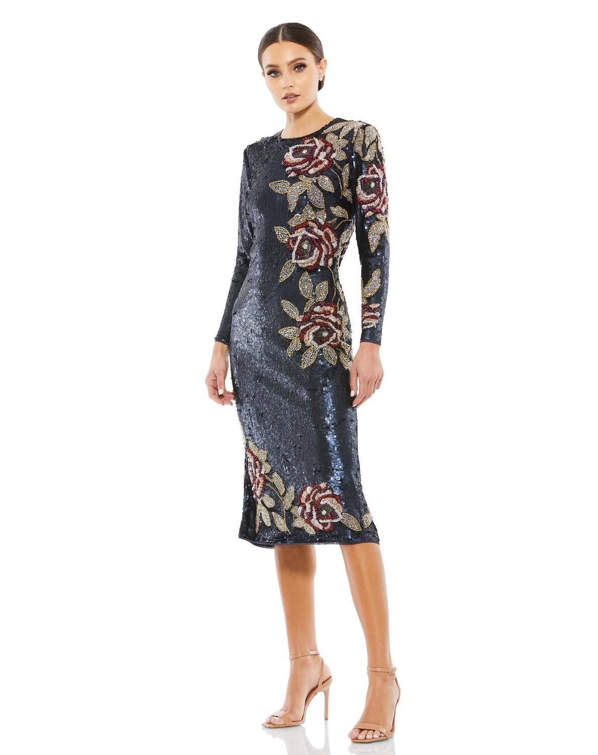Sequined Asymmetrical Floral Long Sleeve Midi Dress sold by Lord & Taylor product image thumbnail 4