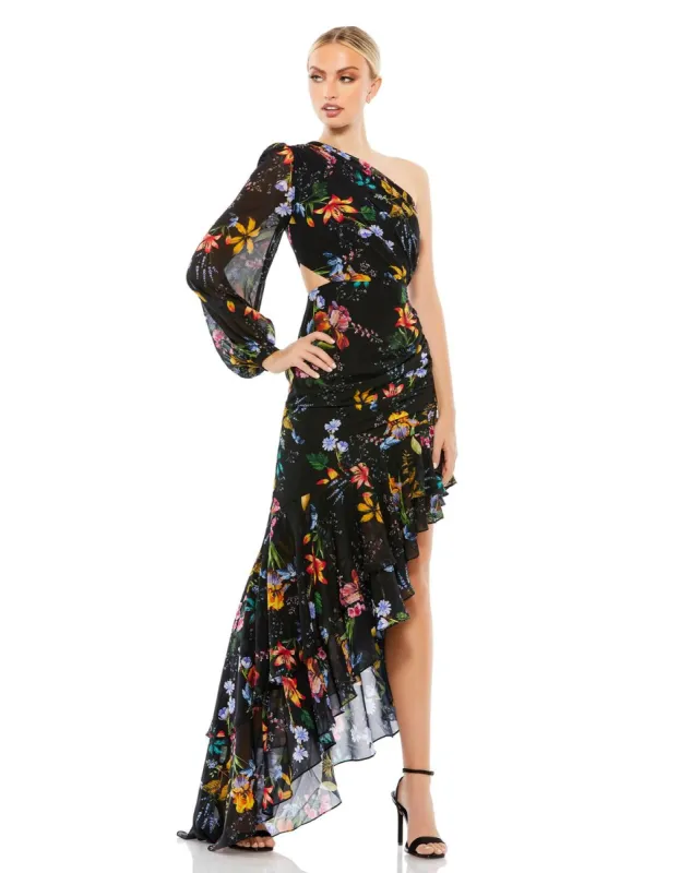 One Shoulder Cut Out Asymmetrical Ruffle Gown sold by Lord & Taylor