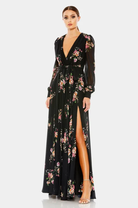 Belted Floral Print Illusion Long Sleeve Gown sold by Lord & Taylor