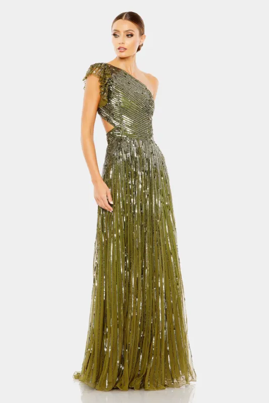 Sequined One Shoulder Flutter Sleeve A Line Gown sold by Lord & Taylor