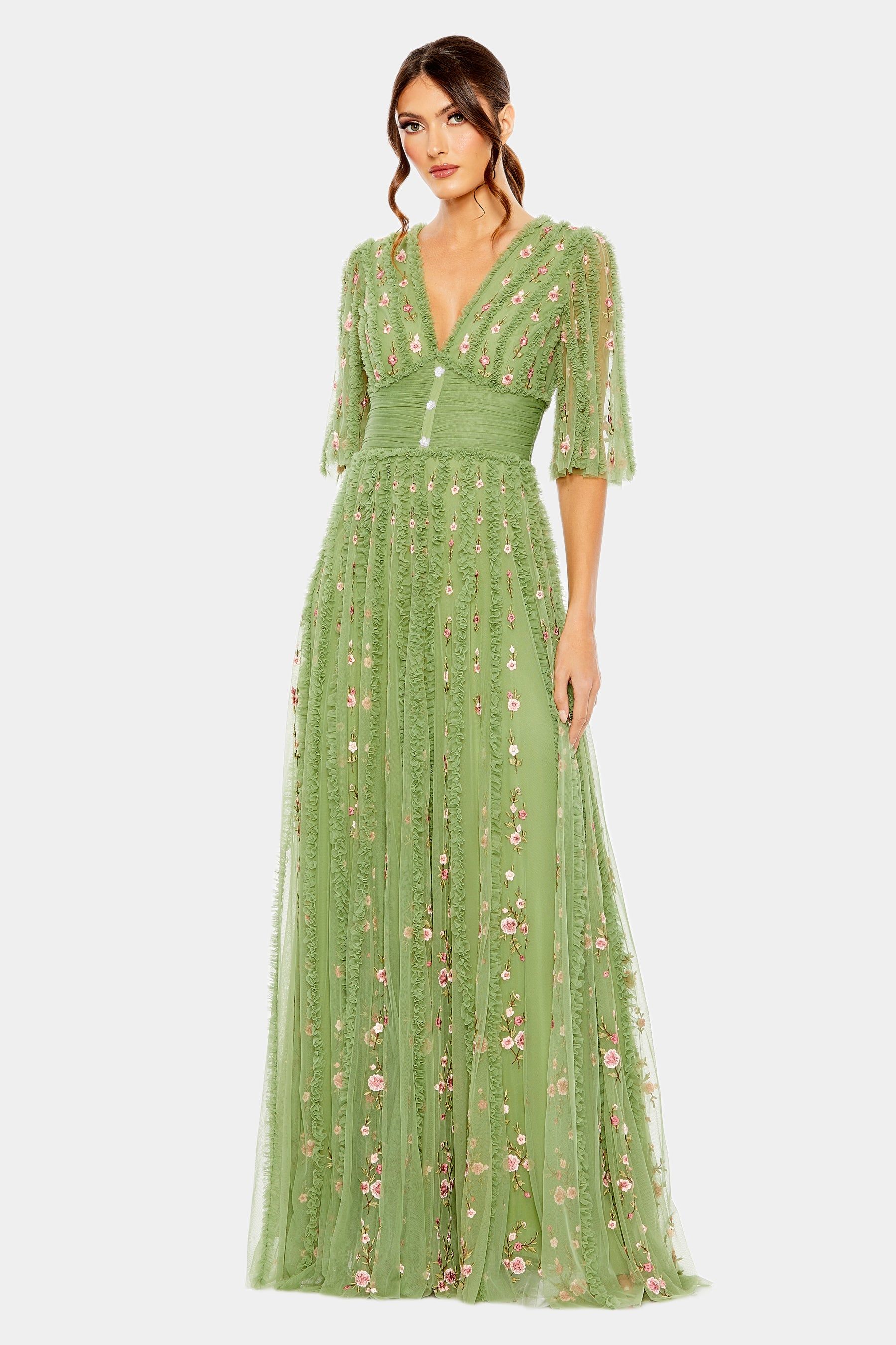 Floral Ruffle Detail Long V-Neck Gown sold by Lord & Taylor product image thumbnail 4