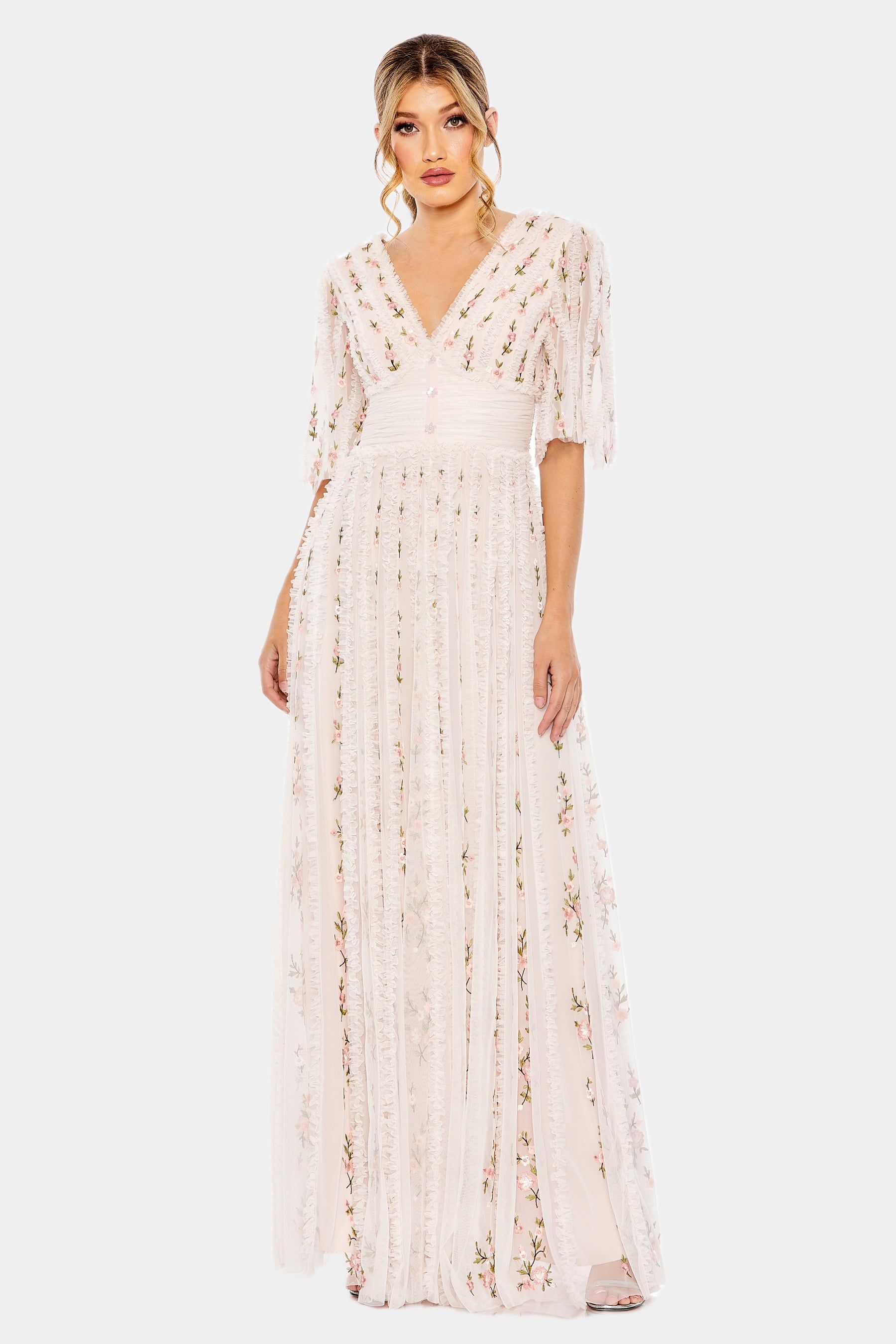 Floral Ruffle Detail Long V-Neck Gown sold by Lord & Taylor