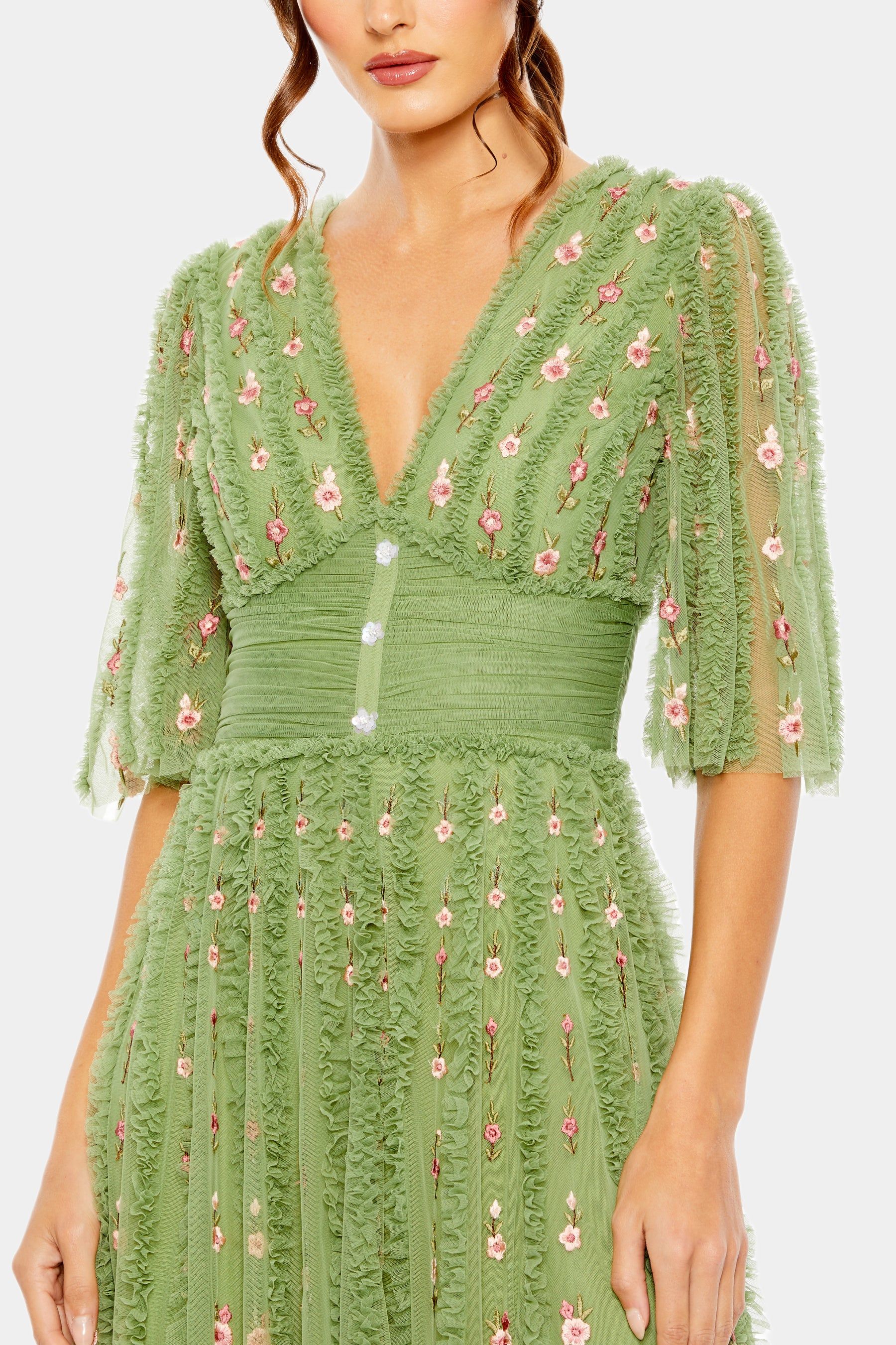 Floral Ruffle Detail Long V-Neck Gown sold by Lord & Taylor product image thumbnail 3