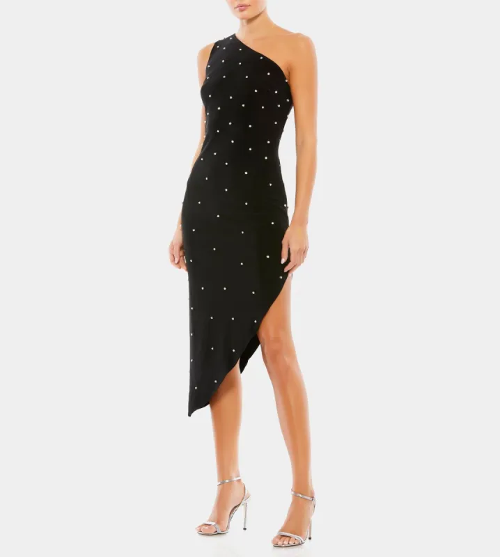 Pearl Encrusted One Shoulder Asymmetrical Hem Mid sold by Lord & Taylor