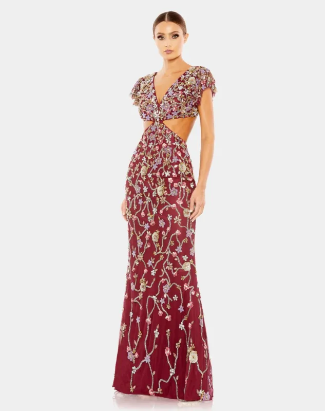 Embellished Cut Out Ruffled Cap Sleeve Column Gown sold by Lord & Taylor