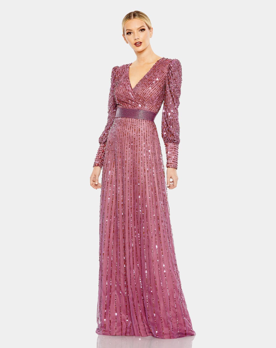 Sequined Wrap Over Bishop Sleeve Gown sold by Lord & Taylor
