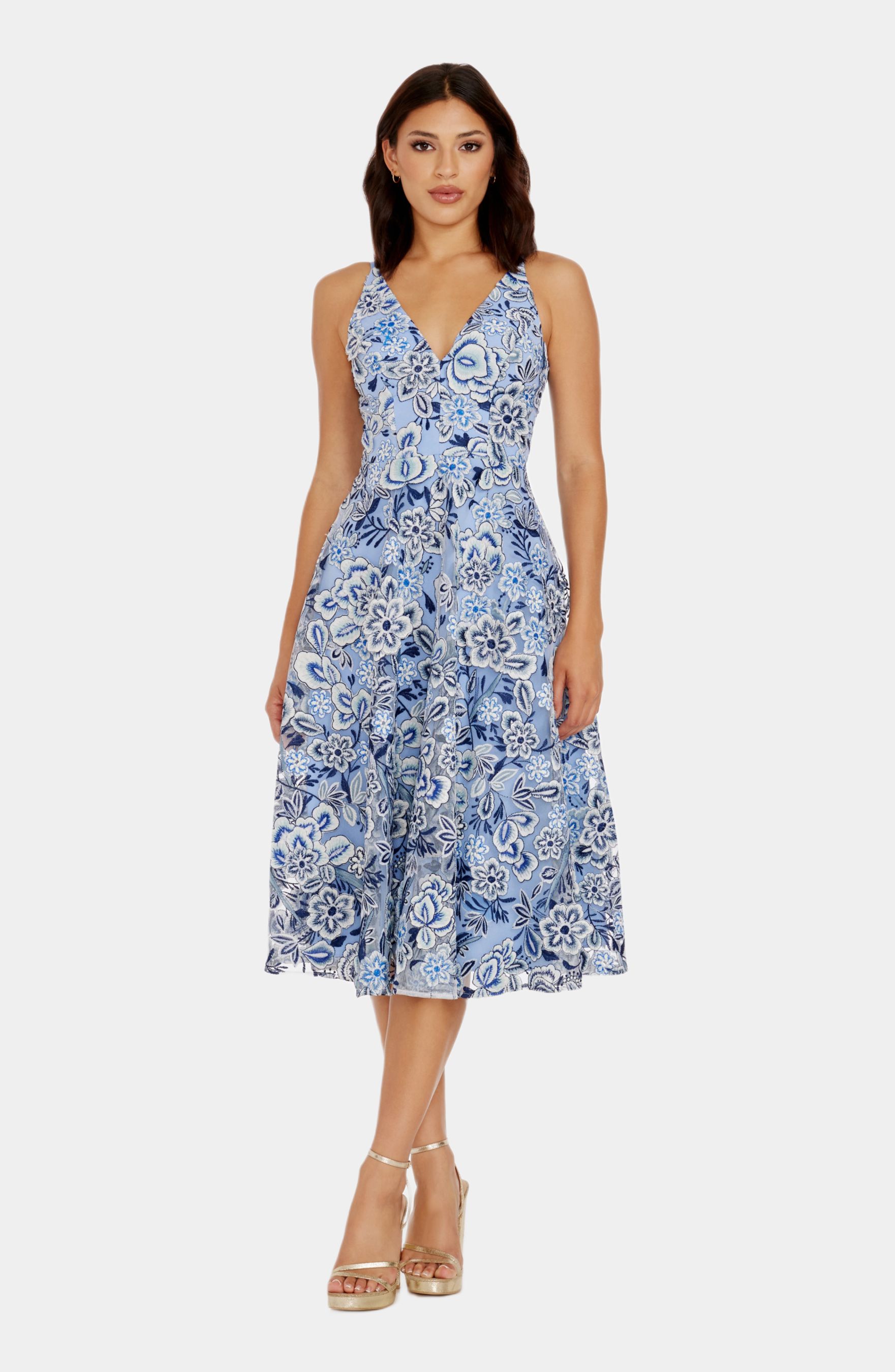 Elisa Sleeveless V Neck Fit & Flare Midi Dress sold by Lord & Taylor