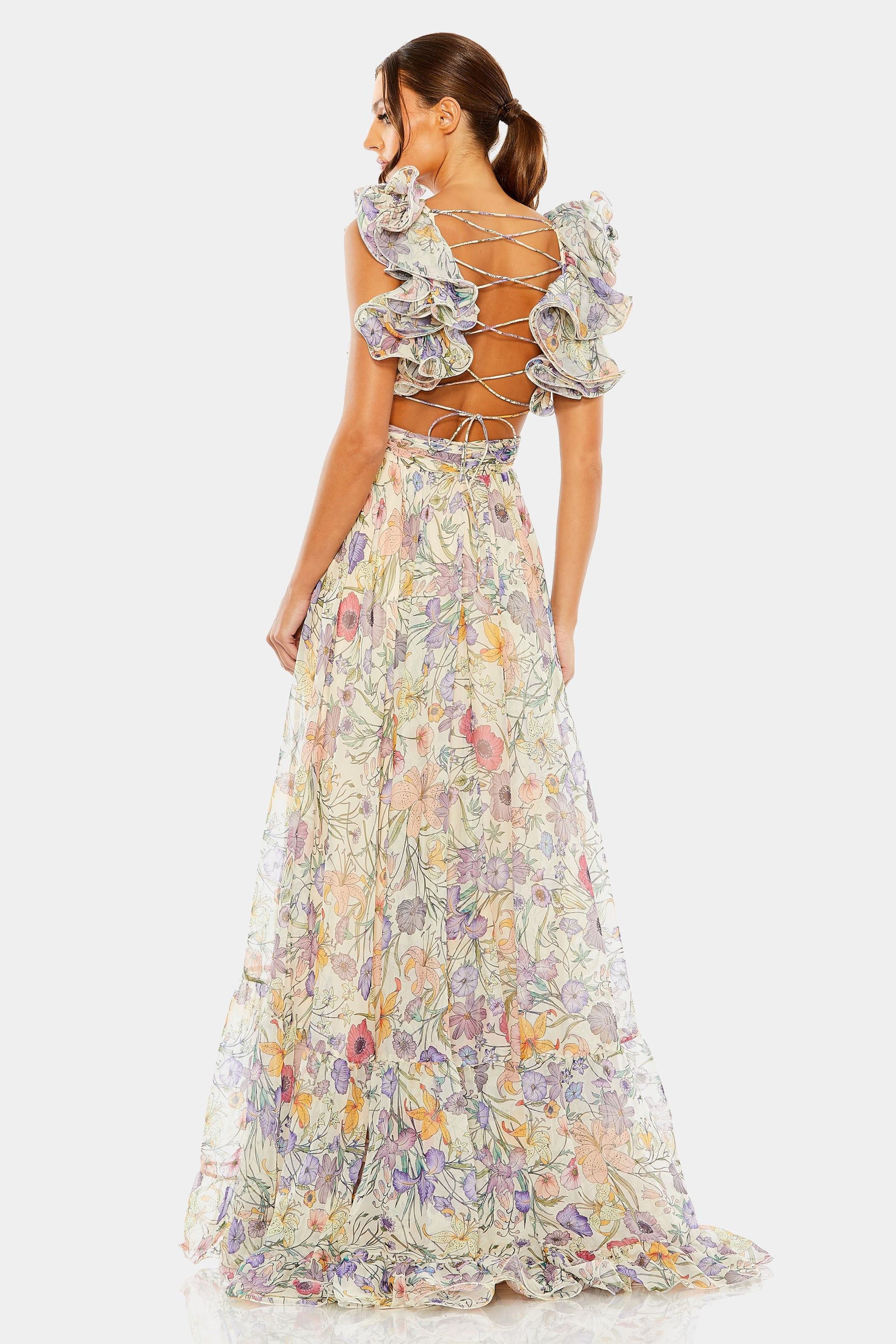 Floral Print Ruffle Tiered Cut-Out Chiffon Gown sold by Lord & Taylor product image thumbnail 3