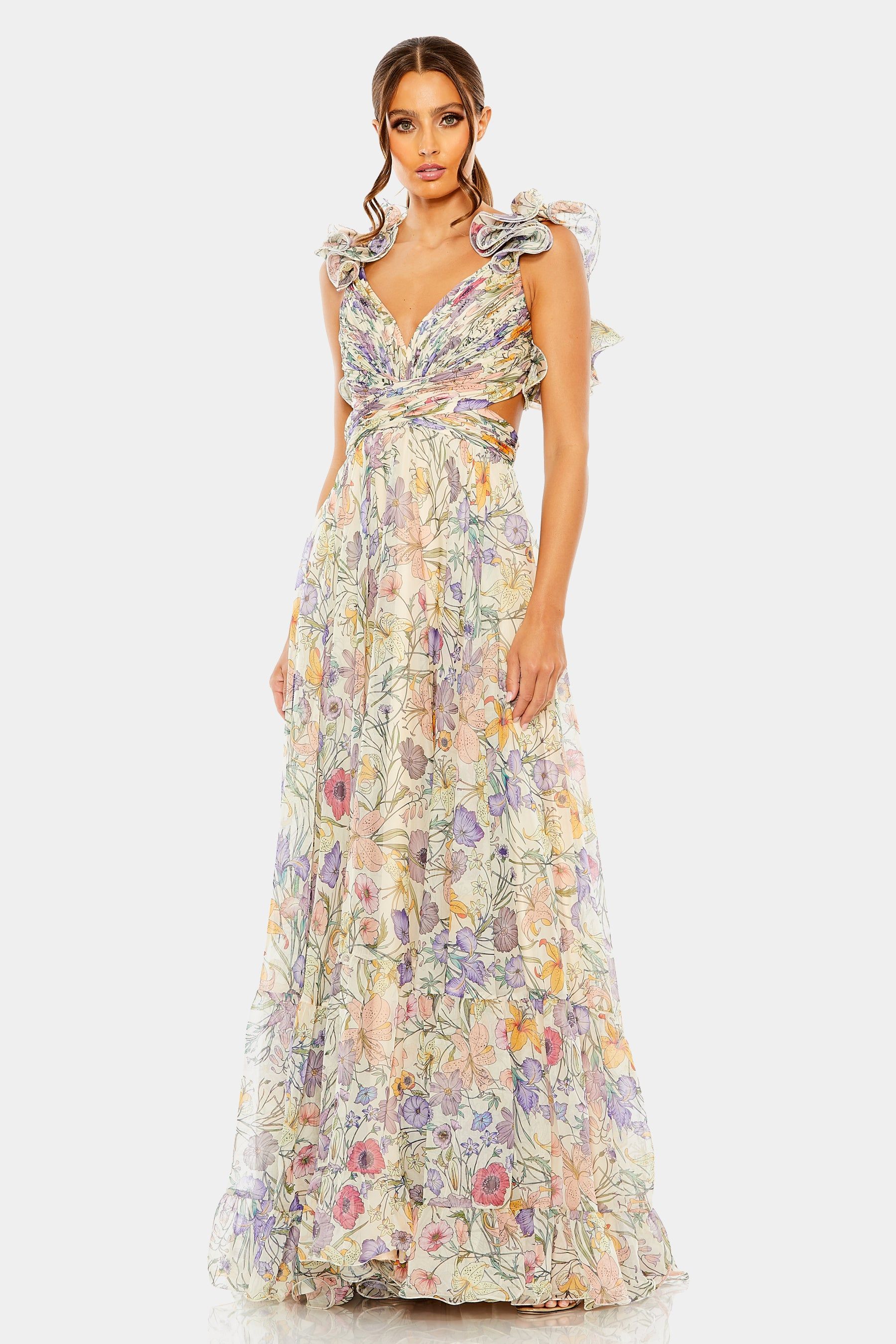 Floral Print Ruffle Tiered Cut-Out Chiffon Gown sold by Lord & Taylor