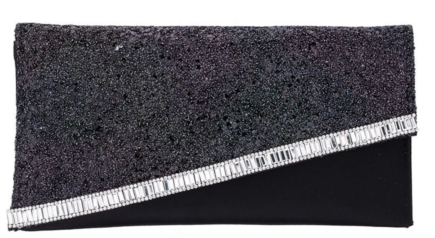 Asymmetrical fold over crystal clutch sold by Lord & Taylor