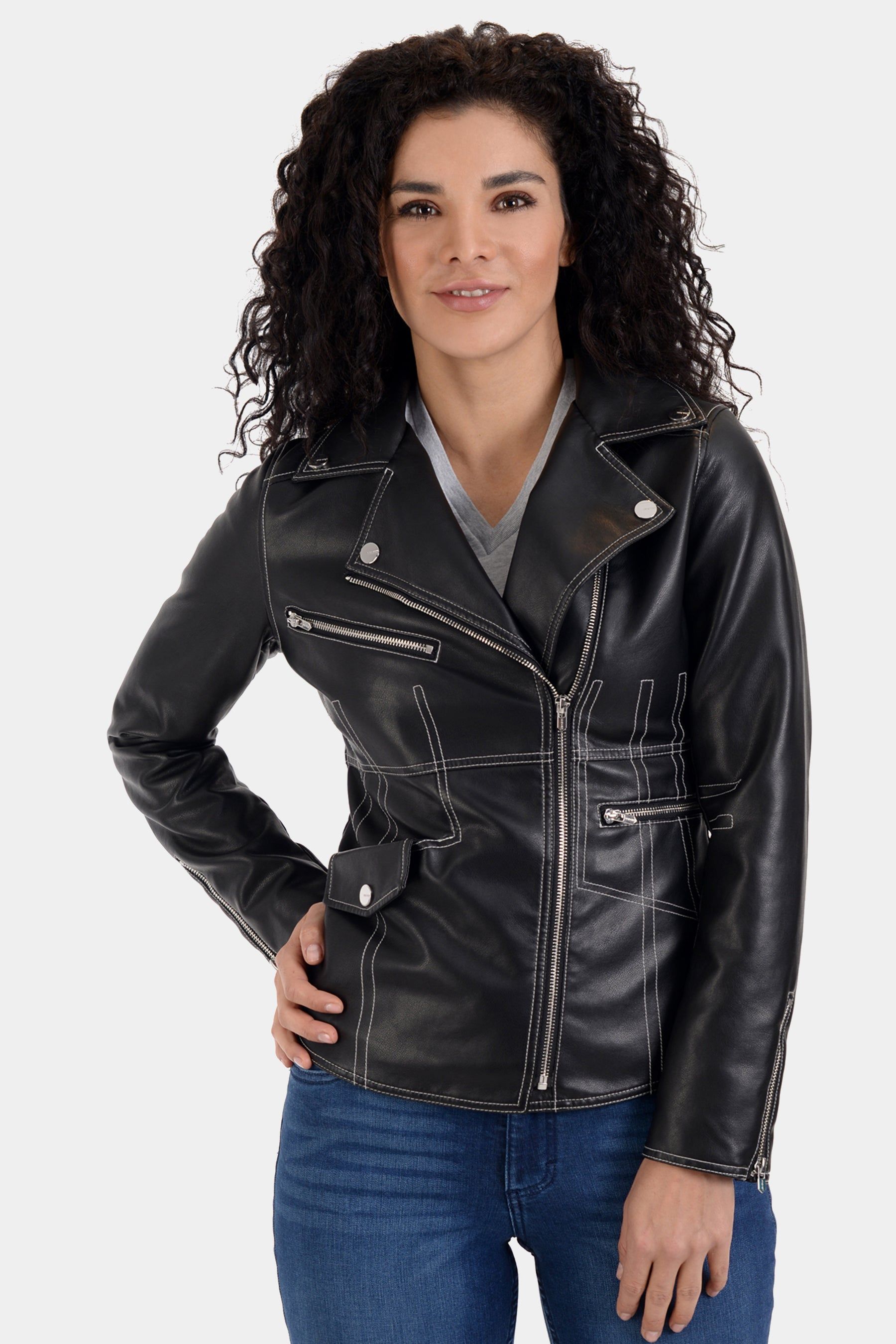 Faux Leather Long Sleeve Biker Jacket sold by Lord & Taylor