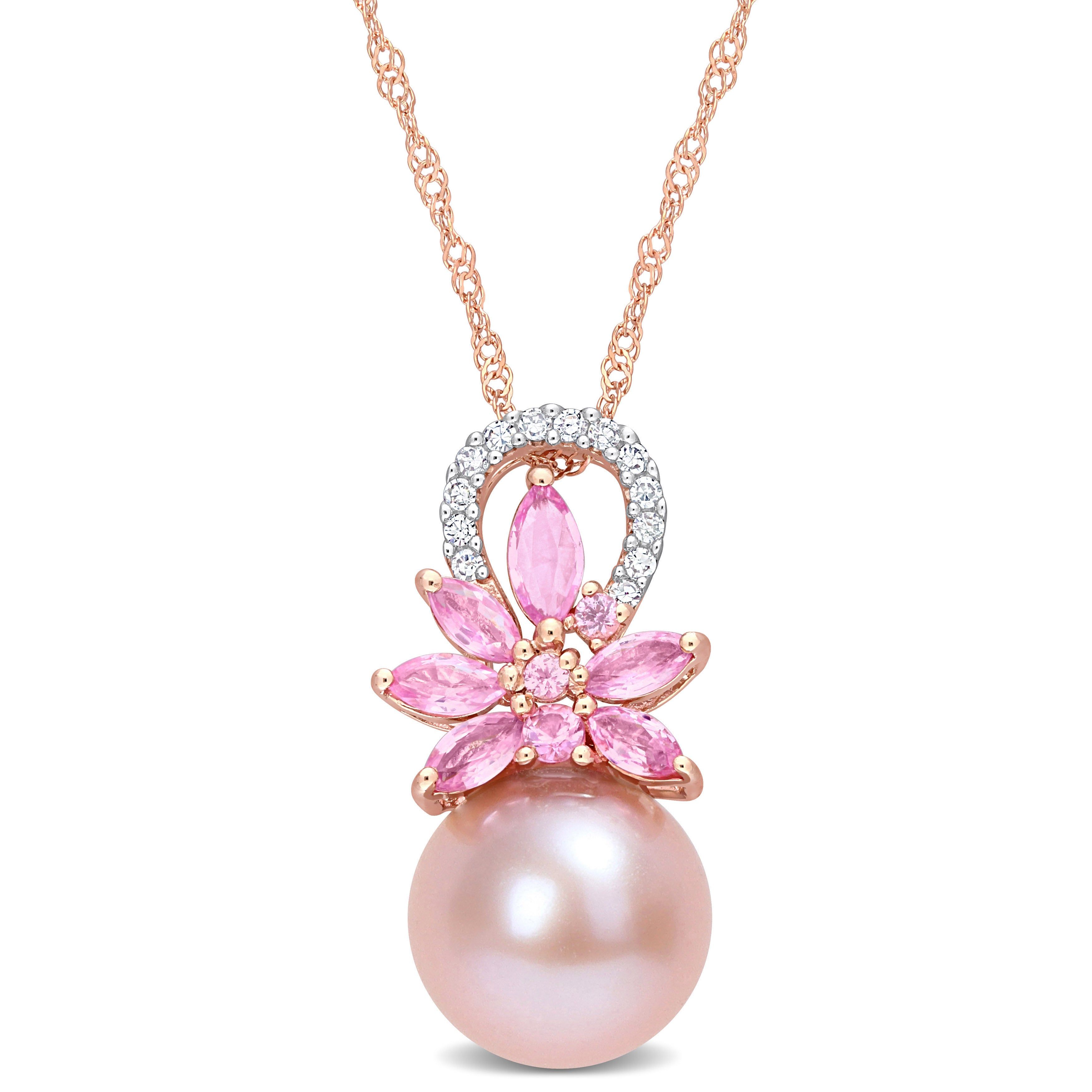 Pink Cultured Freshwater Pearl, Pink Sapphire and Diamond Accent Floral Necklace sold by Lord & Taylor