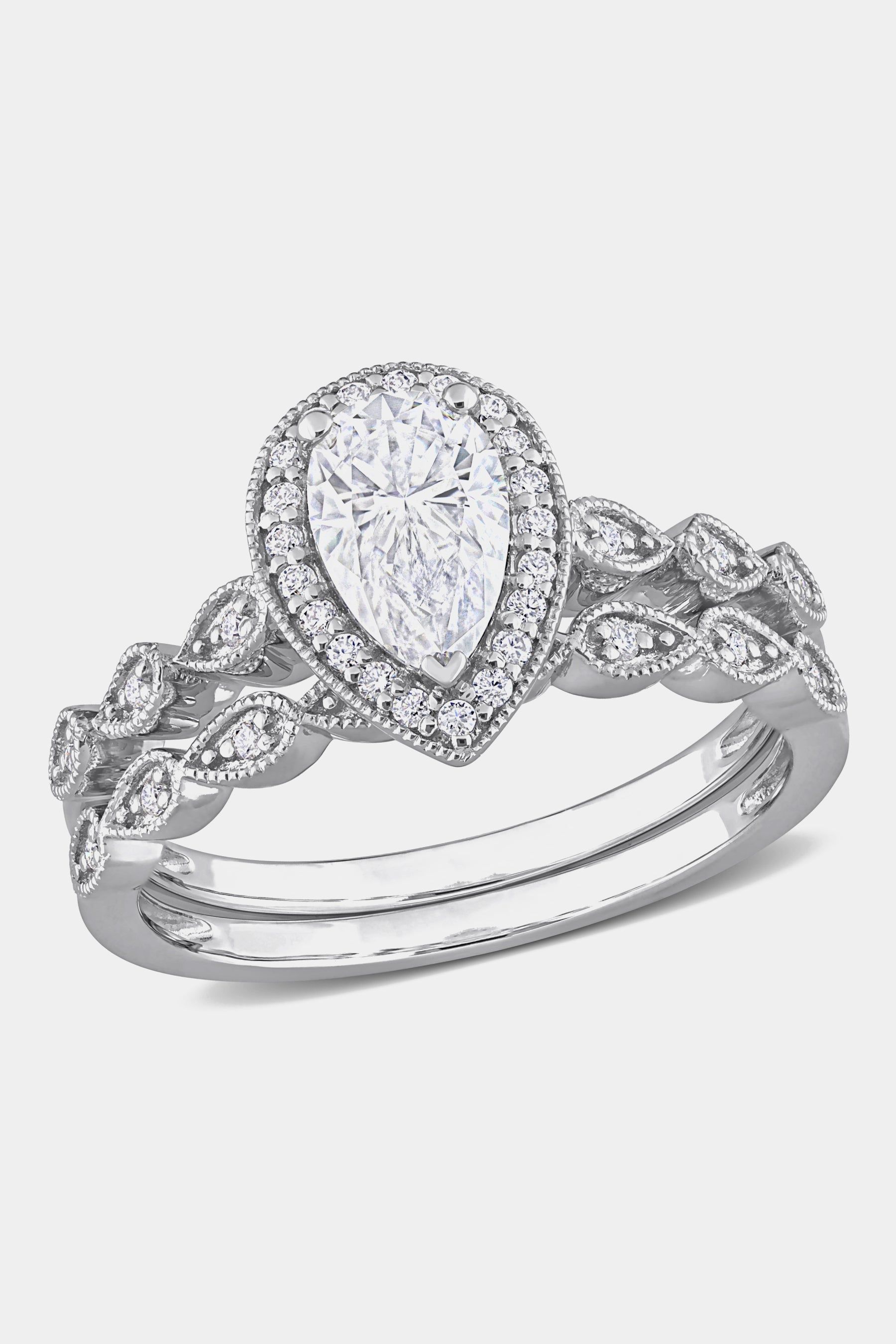Moissanite Teardrop Halo Bridal Ring Set in Sterling Silver sold by Lord & Taylor