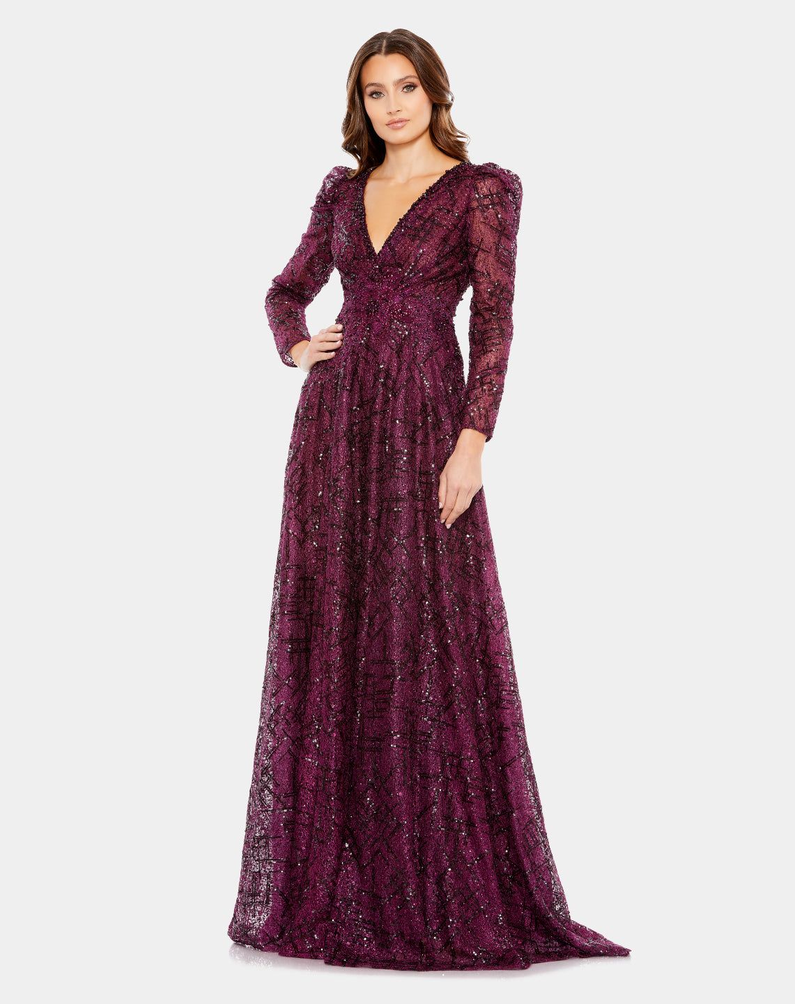 Embellished V Neck Long Sleeve A Line Gown sold by Lord & Taylor