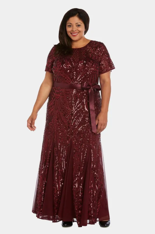 Long Short Sleeve Gown with All-Over Embellishment and Satin Waist Tie sold by Lord & Taylor