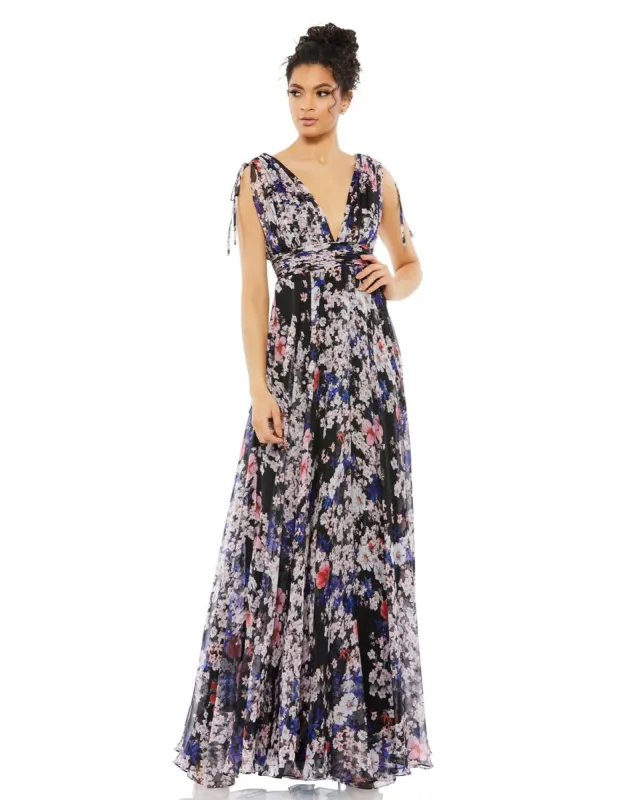 Pleated V Neck Shoulder Tie Flowy Gown sold by Lord & Taylor