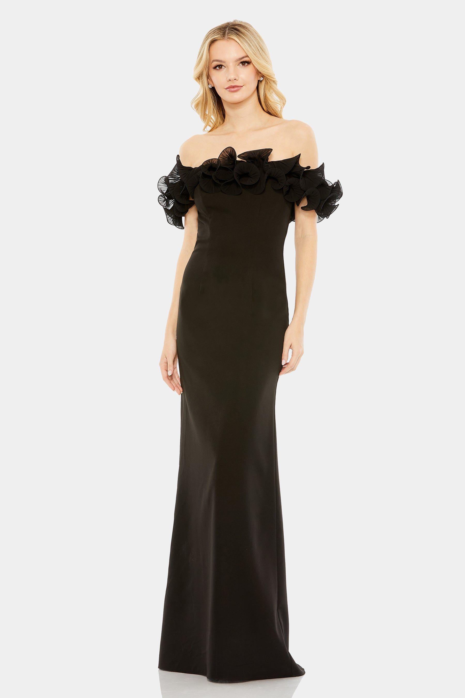 Off the Shoulder Ruffle Detail Column Gown sold by Lord & Taylor
