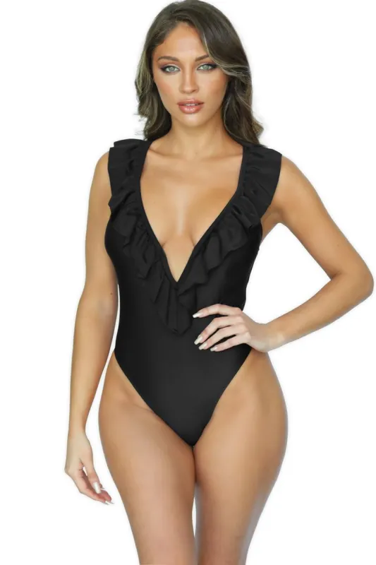 Ruffled V-Neck Front and Back One Piece Swimsuit sold by Lord & Taylor