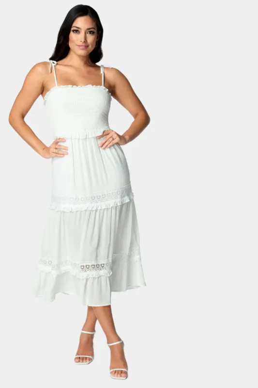 Lace Inset Smocked Midi Dress sold by Lord & Taylor