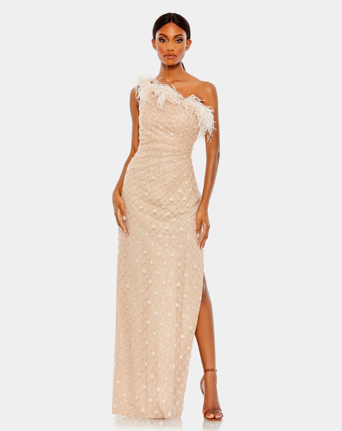 Ostrich Feather Embellished One Shoulder Gown sold by Lord & Taylor