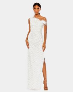 Ostrich Feather Embellished One Shoulder Gown sold by Lord & Taylor