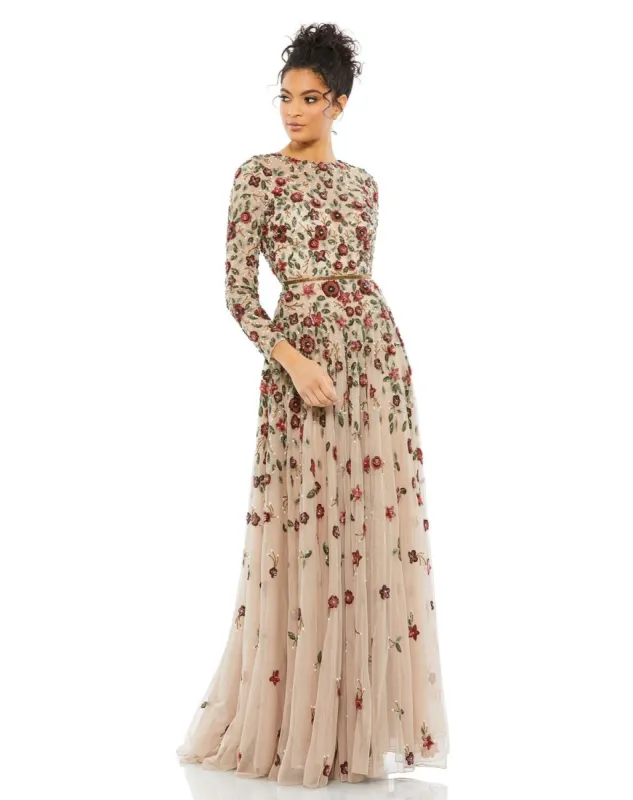 Embellished High Neck Long Sleeve A Line Gown sold by Lord & Taylor