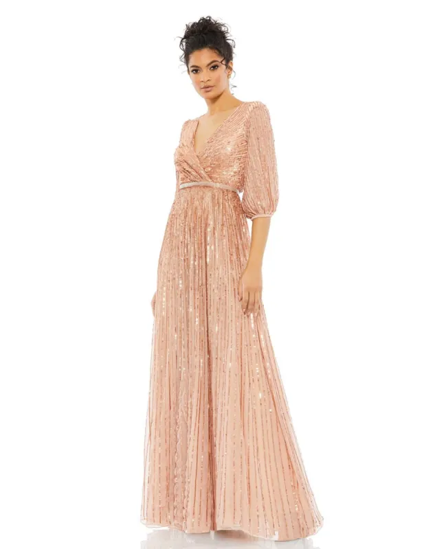 Sequined Wrap Over 3/4 Sleeve Gown sold by Lord & Taylor