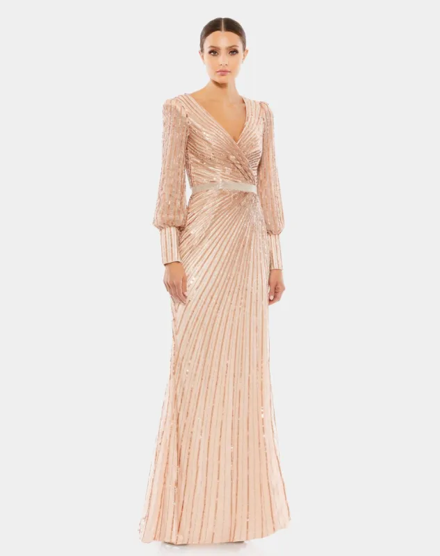 Sequined Wrap Over Bishop Sleeve Gown sold by Lord & Taylor