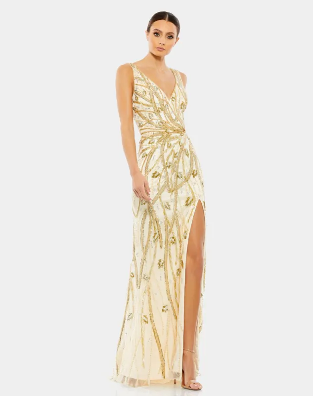 Sequined Long Sleeve V Neck Gown sold by Lord & Taylor