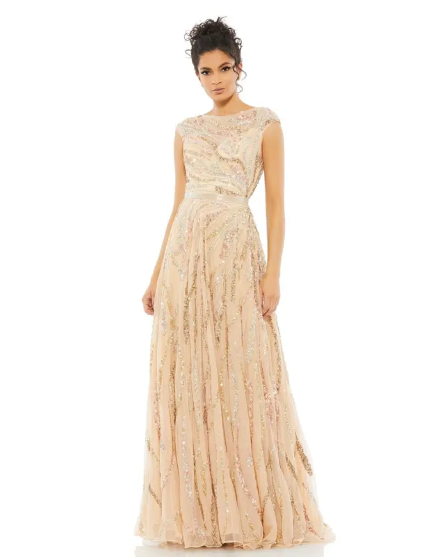 Sequined Ilusion High Neck Cap Sleeve A Line Gown sold by Lord & Taylor