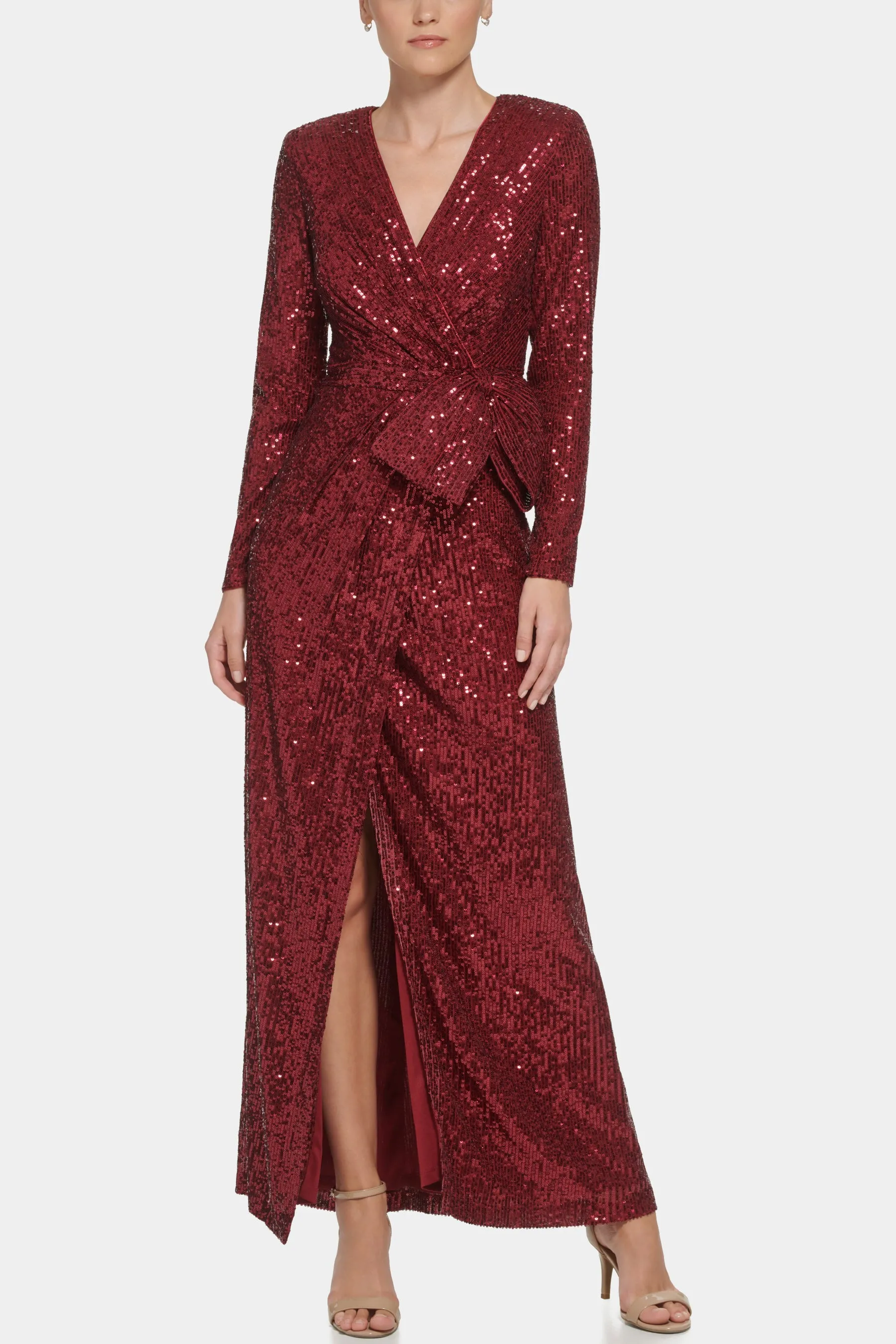 Long Sleeve Surplice Wrap Sequin Gown sold by Lord & Taylor