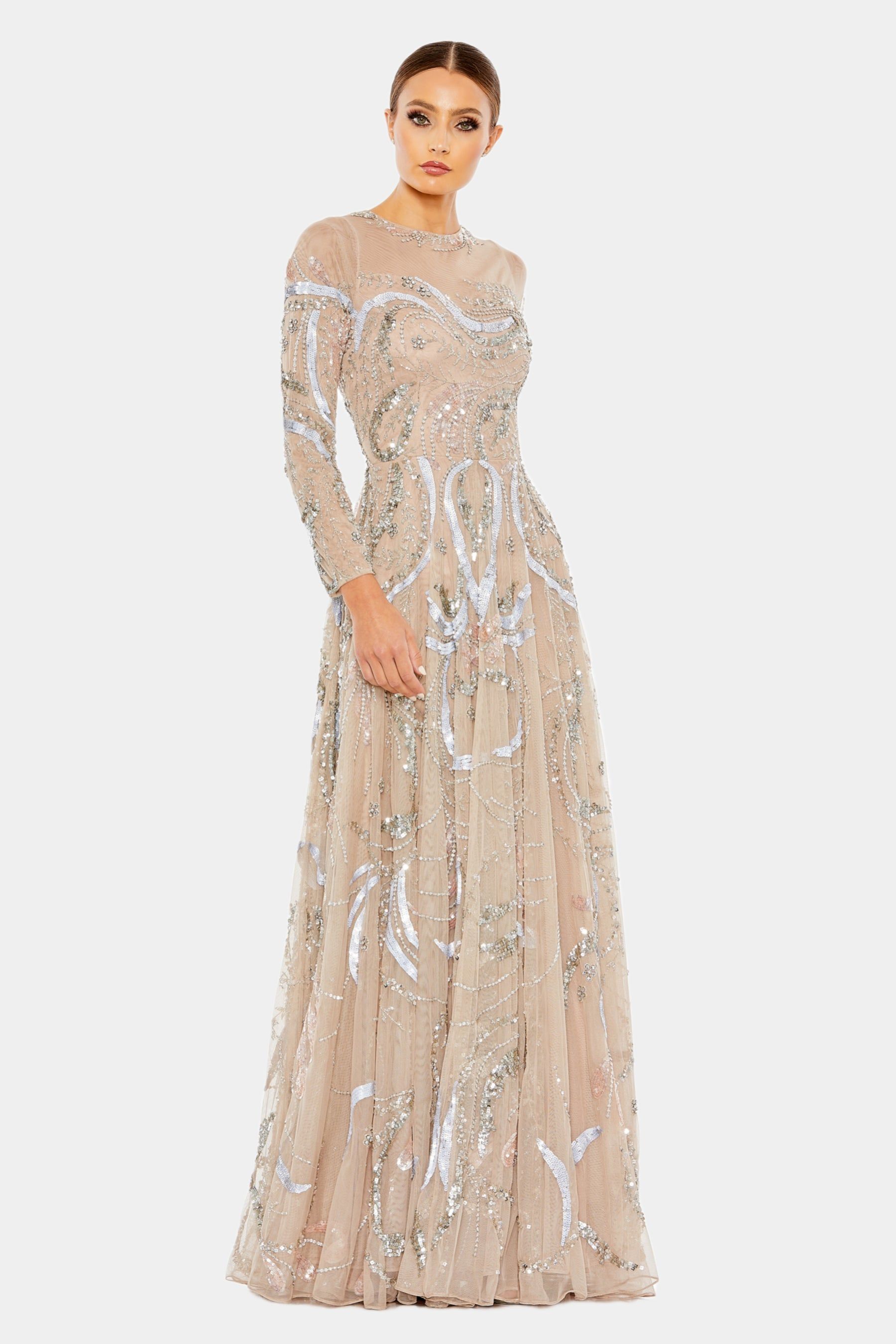 Embellished Illusion High Neck Long Sleeve A Line sold by Lord & Taylor