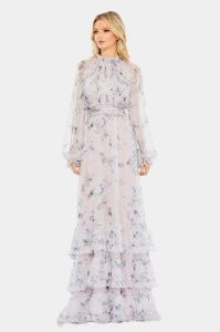 Floral Print Ruched Raglan Sleeve Tiered Gown sold by Lord & Taylor
