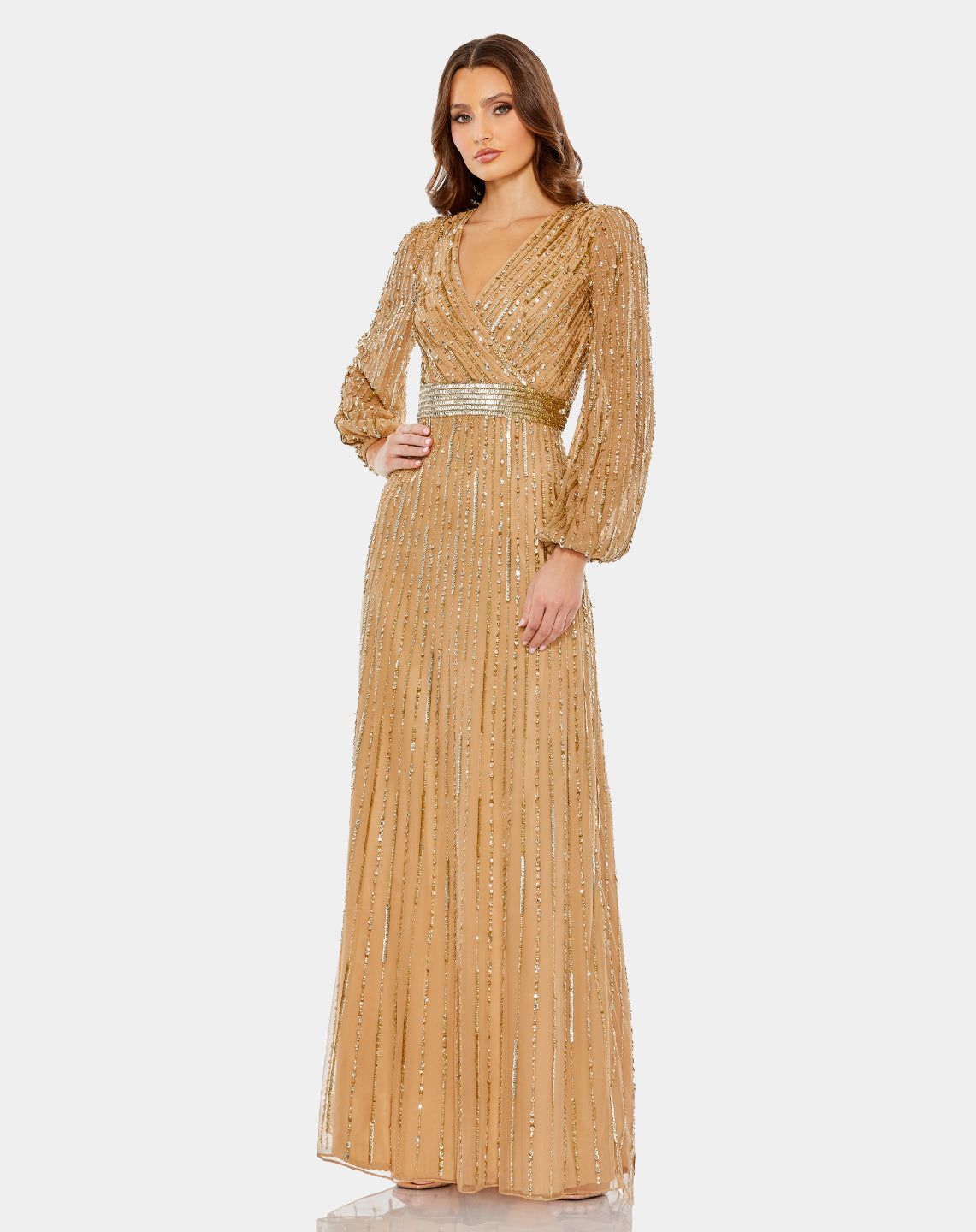 Sequined Wrap Over Puff Sleeve Gown sold by Lord & Taylor