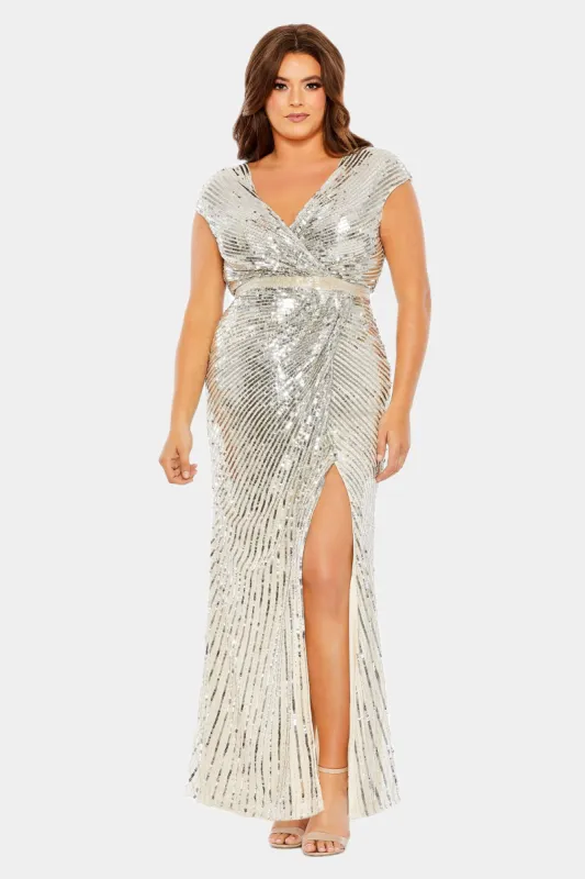 Sequined Faux Wrap Cap Sleeve Gown sold by Lord & Taylor
