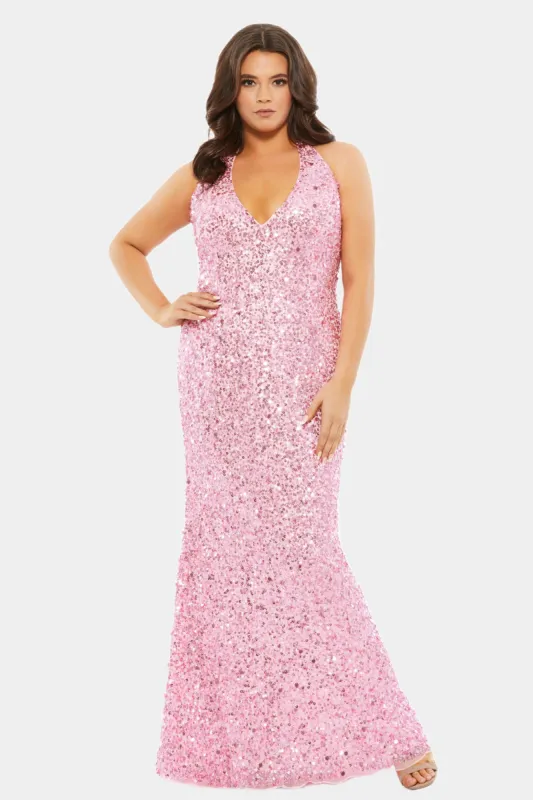 Sequined Halter Strap Open Back Trumpet Gown sold by Lord & Taylor