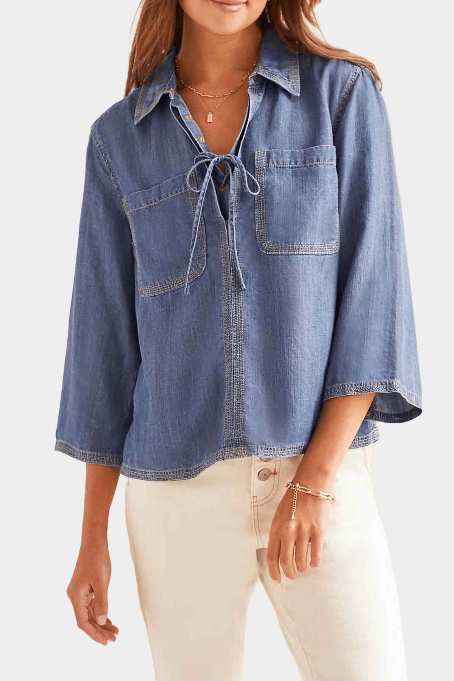 Elbow Sleeve Pop Over Lace Up Blouse sold by Lord & Taylor