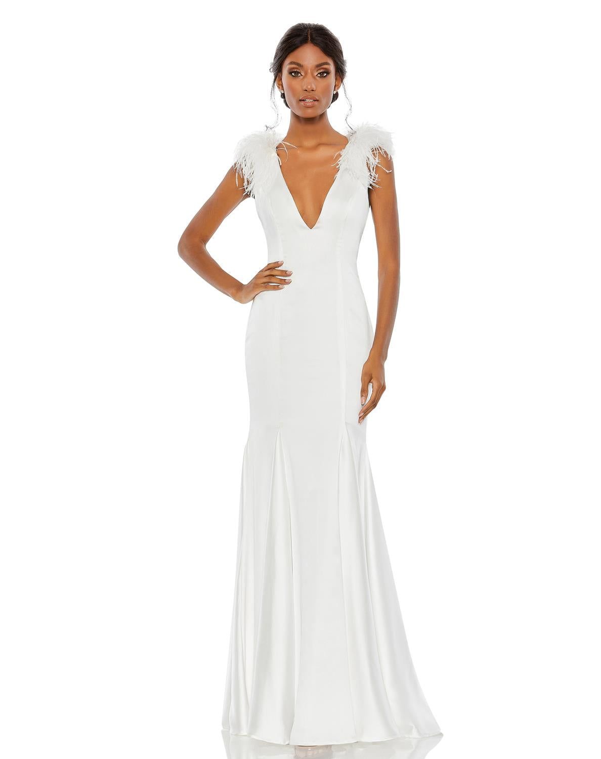Feather Shoulder V Neck Column Gown sold by Lord & Taylor
