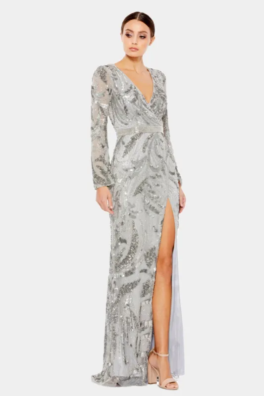 Sequined Faux Wrap Split Long Sleeve Gown sold by Lord & Taylor