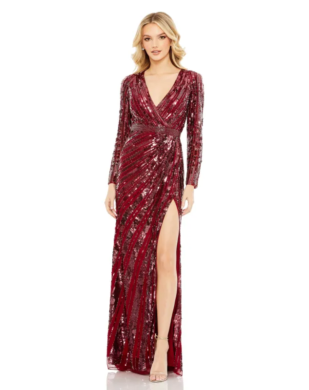 Sequined Faux Wrap V Neck Long Sleeve Gown sold by Lord & Taylor