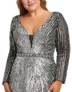 Sequined Long Sleeve Plunge Neck Gown sold by Lord & Taylor