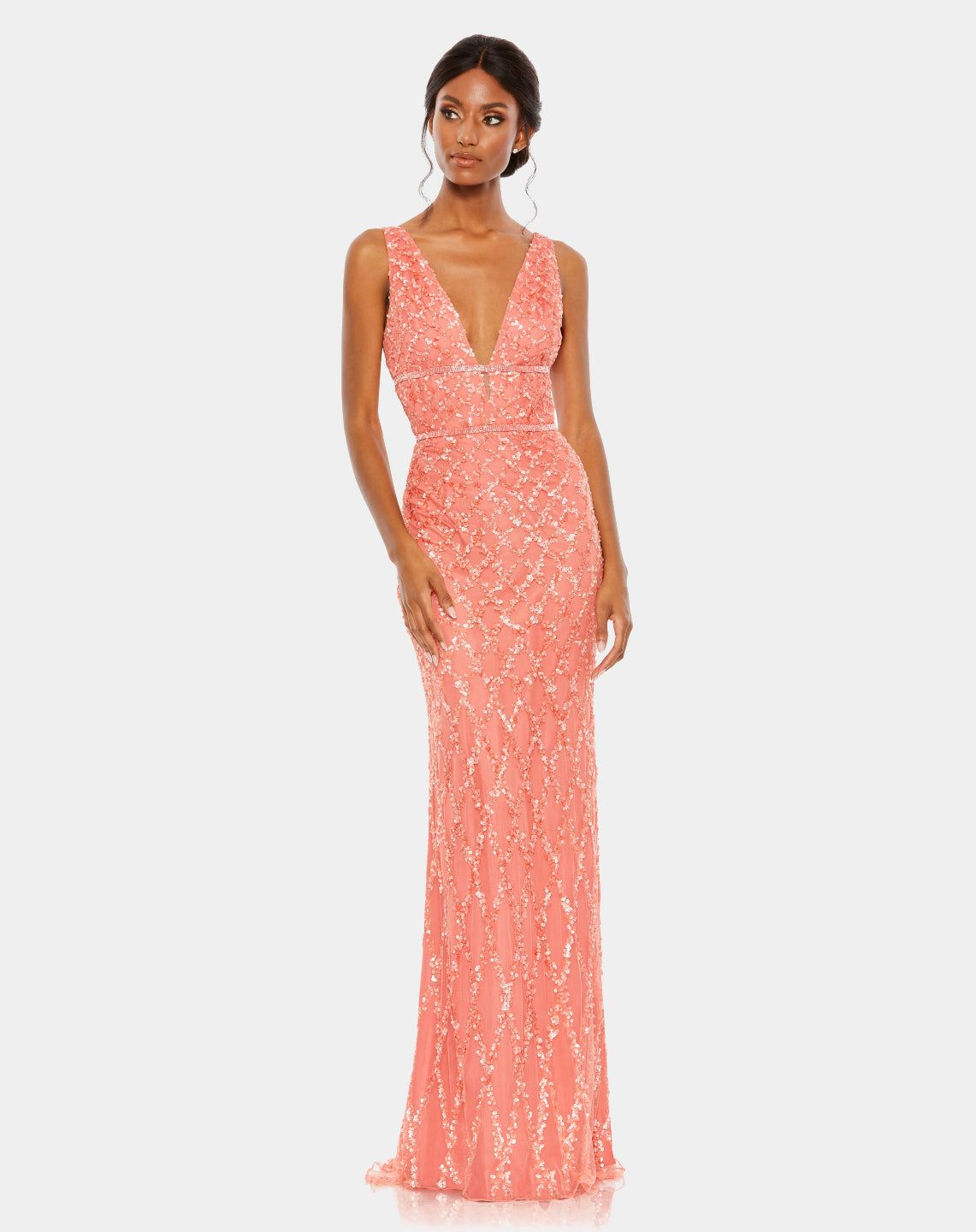 Sequined Plunge Neck Sleeveless Column Gown sold by Lord & Taylor
