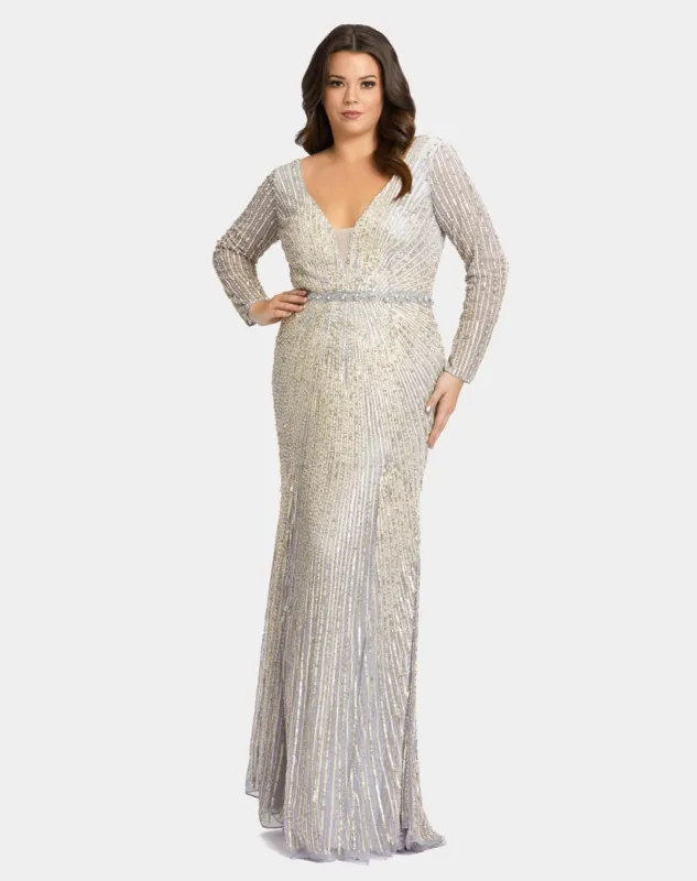 Sequined Long Sleeve Plunge Neck Gown sold by Lord & Taylor