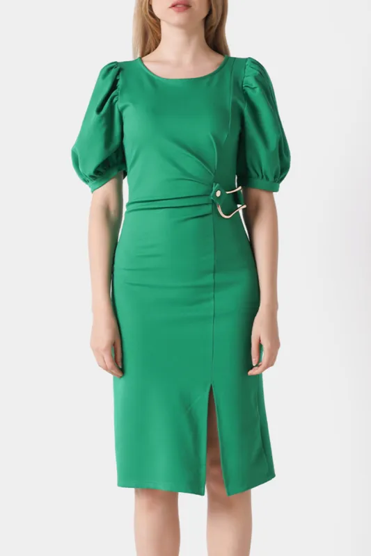 Puff Sleeve Slit Buckle Detail Dress sold by Lord & Taylor