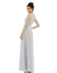 Embellished Illusion Long Sleeve A Line Surplice Gown sold by Lord & Taylor
