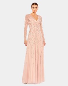Embellished Illusion Long Sleeve A Line Surplice Gown sold by Lord & Taylor